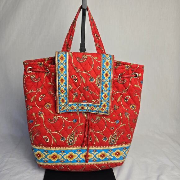 Naturalizer Quilted Drawstring Backpack Shoulder Tote Red Paisley Multi-Color - Picture 1 of 13